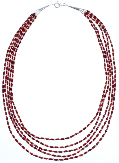 5-Strand Hand Strung Sterling Liquid Silver 16" Red Oyster Shell Necklace RX119140